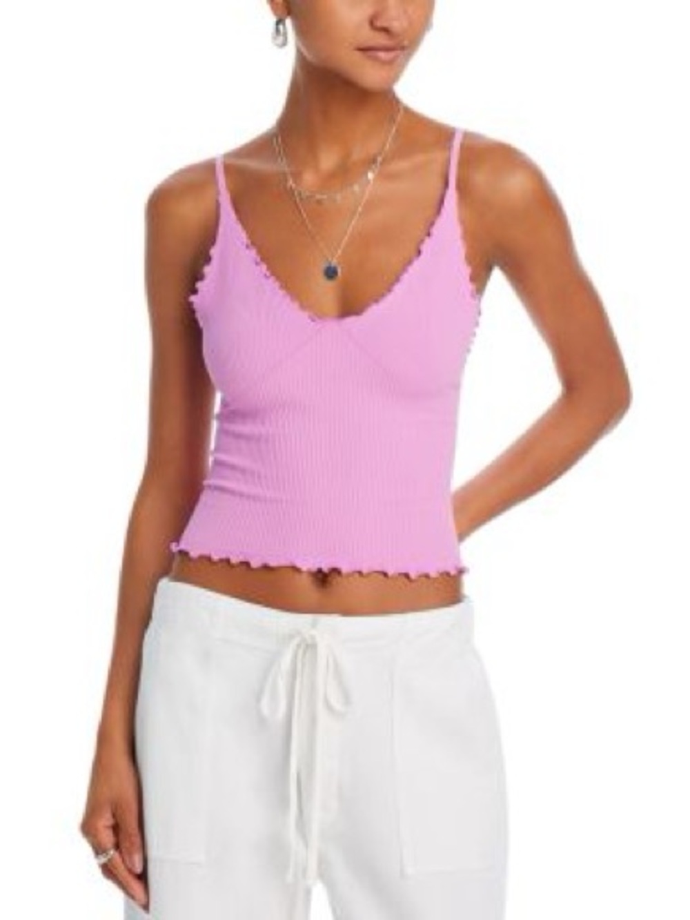 Yogalicious Pink Ribbed V-Neck Lettuce-Edge Cami